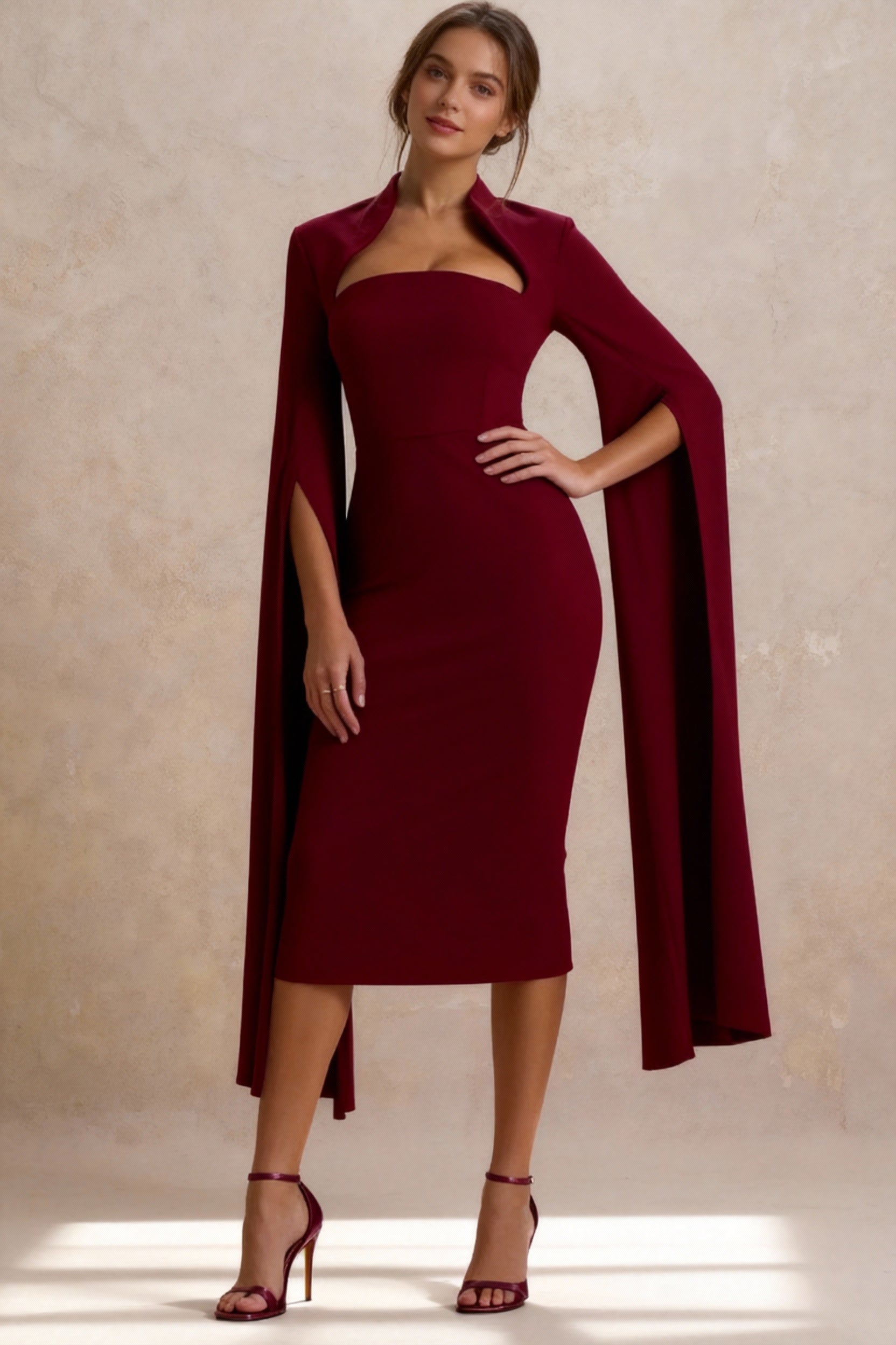Cut Out Collar Square Neck Cape Sleeve Bodycon Midi Dress