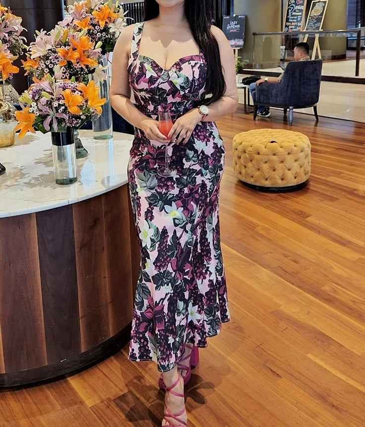 Grape Botanical Print Sweetheart Bustier Mermaid Hem Sleeveless Midi Dress