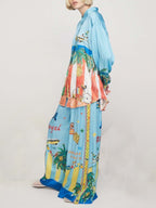 Unique Satin Painted Print Side Pocket Wide Leg Pants
