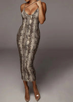 Print Deep V-Neck Spaghetti Strap Bodycon Midi Dress