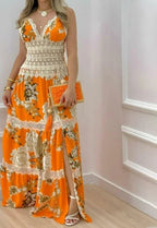 Crochet Lace Bodice Tiered Floral Print High Split Maxi Dress
