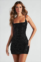 Sequin Damask Square Neck Spaghetti Strap Bodycon Mini Dress