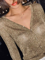 Glitter Ribbed Pearl Button Long Sleeve Knit