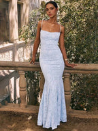 Floral Jacquard Spaghetti Strap Square Neck Mermaid Maxi Gown