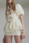 High Waist Ruched 3D Floral Mini Dress