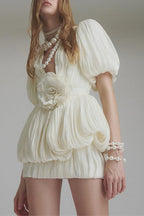 High Waist Ruched 3D Floral Mini Dress