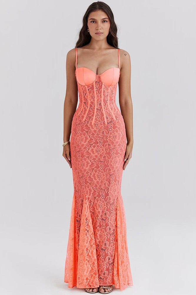 Lace Floral Corset Spaghetti Strap Mermaid Maxi Gown