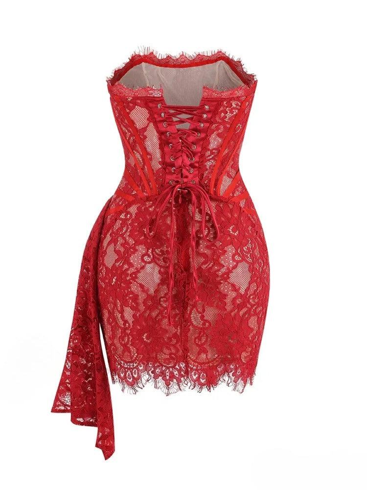 Lace Strapless Corset Eyelash Trim Draped Sash Mini Dress
