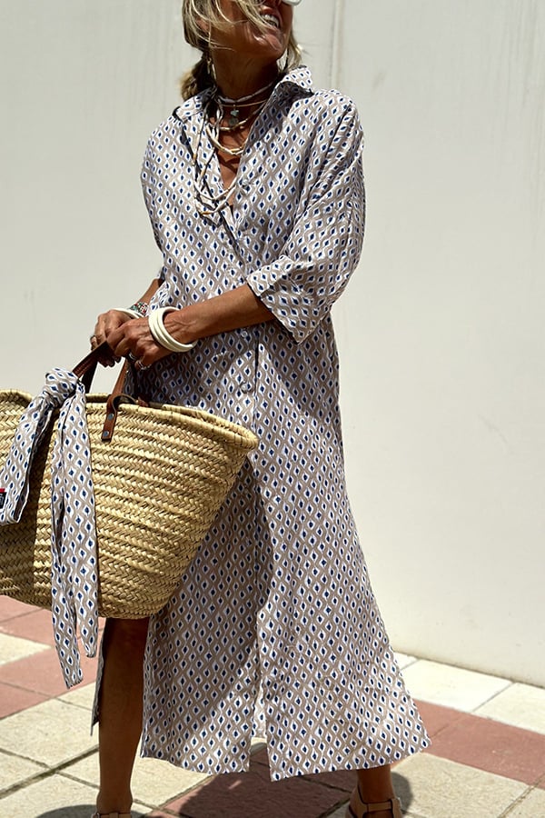 Vertical Stripe Long Sleeve Button Down Side Slit Midi Shirt Dress