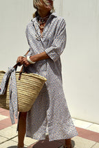 Vertical Stripe Long Sleeve Button Down Side Slit Midi Shirt Dress