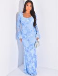 Scoop Neck Sheer Bell Sleeve Floral Sequin Embellished Mermaid Maxi Gown