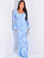 Scoop Neck Sheer Bell Sleeve Floral Sequin Embellished Mermaid Maxi Gown