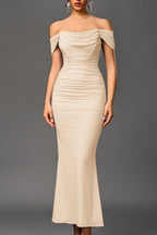 Mesh Off Shoulder Cowl Neck Ruched Mermaid Maxi Dress