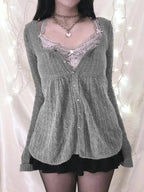 Solid Pointelle Square Neck Knit Cardigan