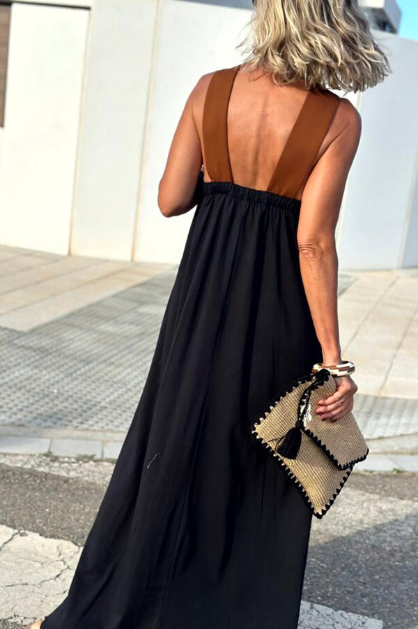 Halter Neck Mesh Illusion Panel Flowy Maxi Dress