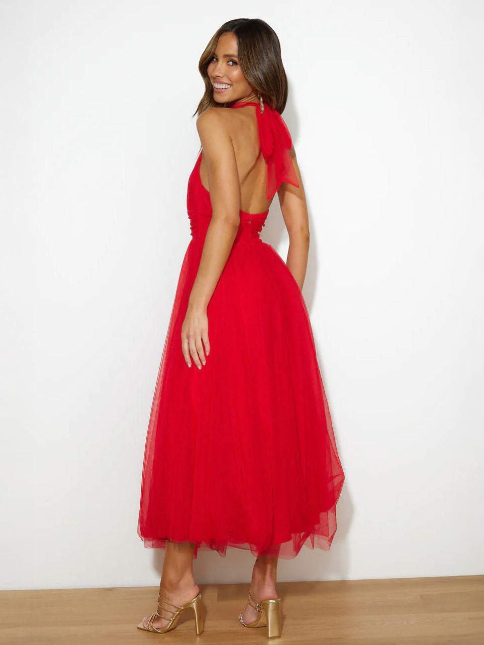 Tulle Midi Dress Halter Pleated Empire Waist Open Back Elegant Prom Dresses