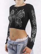 Butterfly Rhinestone Print Crop Long Sleeve Tee