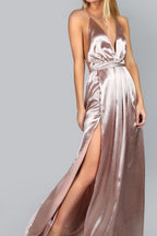 Satin Deep V Neck Spaghetti Strap Empire Waist High Split Maxi Dress