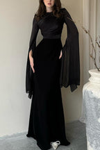 Satin Ruched High Neck Bell Sleeve Slit Mermaid Maxi Gown