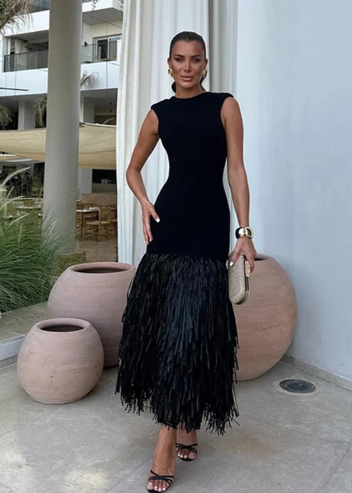 High Neck Sleeveless Fringe Hem Bodycon Midi Dress