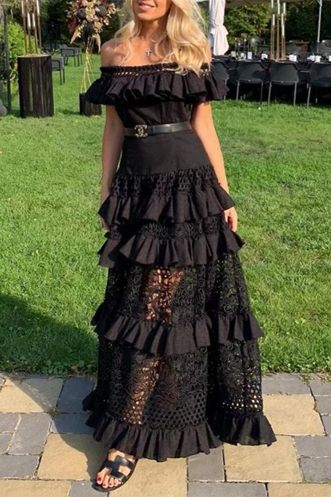 Lace Off Shoulder Ruffle Trim Eyelet Cut Out Tiered Maxi Dress