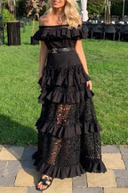 Lace Off Shoulder Ruffle Trim Eyelet Cut Out Tiered Maxi Dress