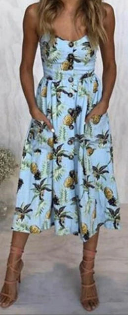 Sunflower Print Spaghetti Strap Button Front Pocket Midi Dress