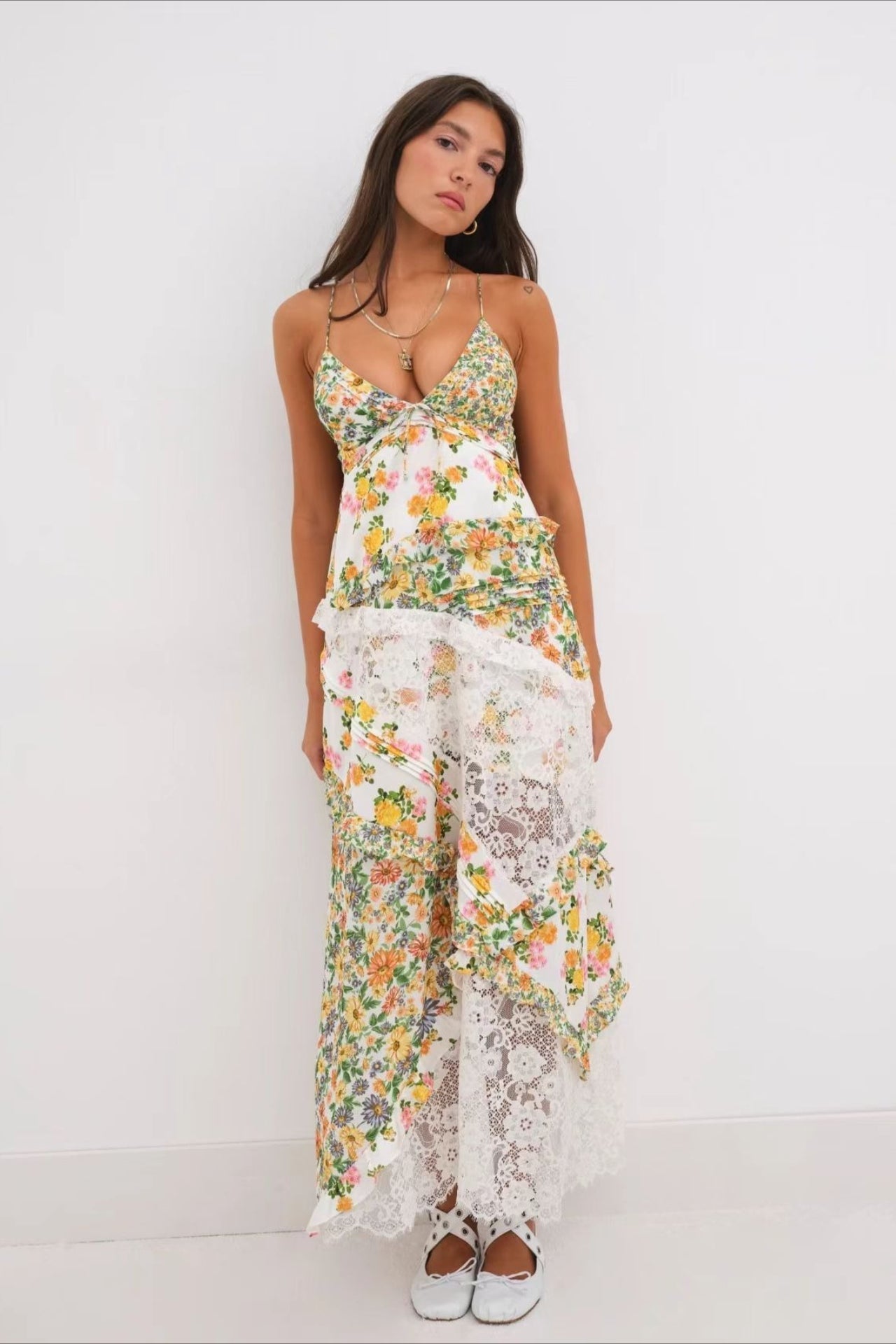 Deep V Neck Tie Front Patchwork Floral Lace Tiered Maxi Dress