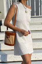 Ivory One Shoulder Ribbed Knit Texture Relaxed Mini Dress