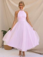 Tulle Midi Dress Halter Pleated Empire Waist Open Back Elegant Prom Dresses