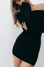 Off Shoulder Ribbed Knit Long Sleeve Flare Cuff Bodycon Mini Sweater Dress
