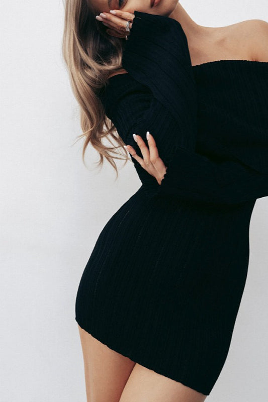 Off Shoulder Ribbed Knit Long Sleeve Flare Cuff Bodycon Mini Sweater Dress