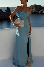Flowing Elegance Satin Draped Neck Backless Ruffle Slit Maxi Dress