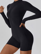 Sporty Solid Zip Up Long Sleeve Romper