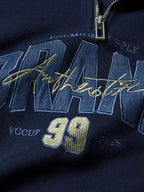 Denim Splice Letter Print Lapel Neck Oversized Hoodie