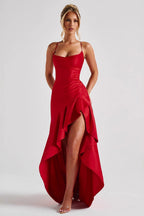 Satin Ruched Bodice Cascade Ruffle High Split Maxi Gown