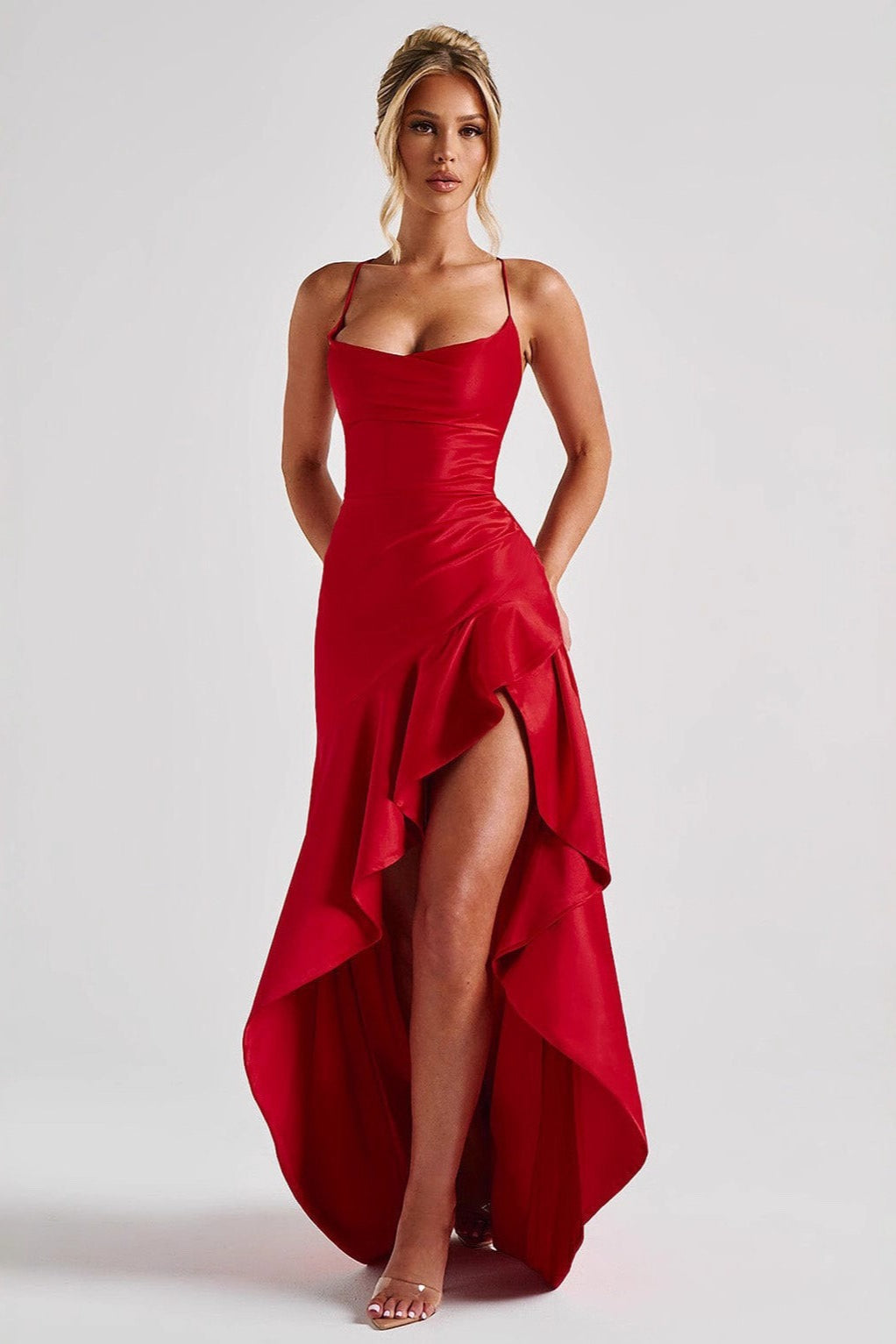 Satin Ruched Bodice Cascade Ruffle High Split Maxi Gown