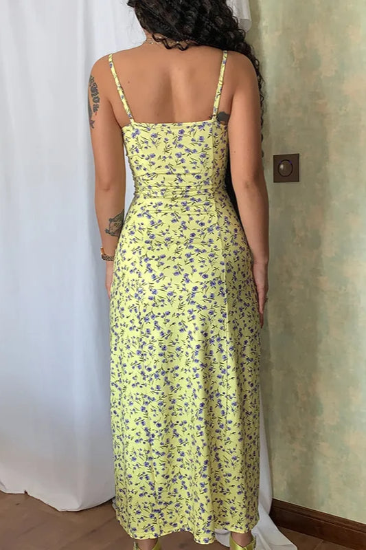 Floral Corset Sweetheart Lace Trim Spaghetti Strap High Split Midi Dress