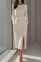 Solid Color Long Sleeves Pocket Button Decorated Slit Midi Dress