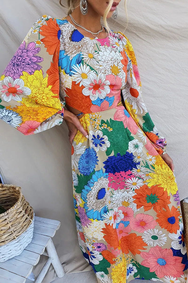 Floral Print Lantern Sleeve Waist Cut Out Maxi Dress