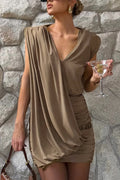 Solid Color Casual Sleeveless V-neck Elegant Pleated Mini Dress
