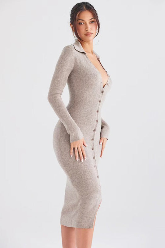 Knit Polo Collar Button Down Long Sleeve Ribbed Bodycon Midi Sweater Dress