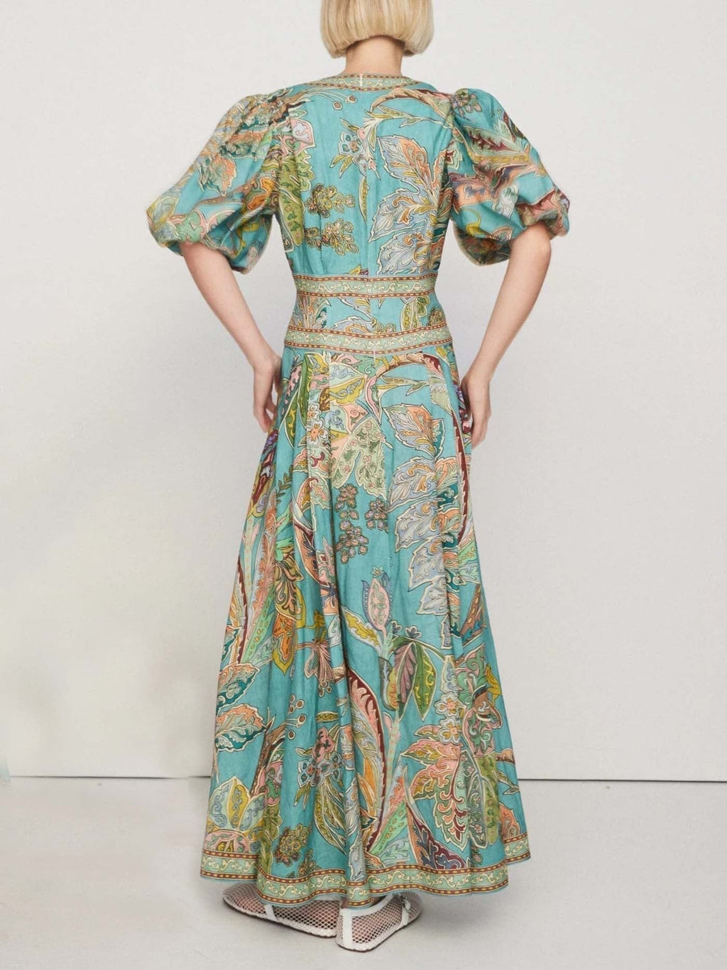 Puff Sleeve Button Front Paisley Border Print Maxi Dress
