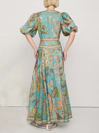 Puff Sleeve Button Front Paisley Border Print Maxi Dress