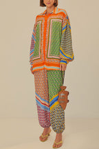 Brazil's Joyful Spirit Colorful Unique Print Balloon Sleeve Button Loose Shirt
