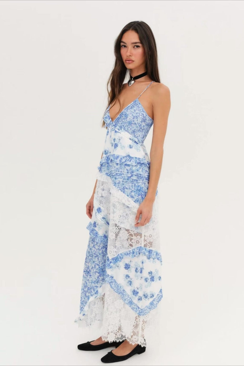 Deep V Neck Tie Front Patchwork Floral Lace Tiered Maxi Dress