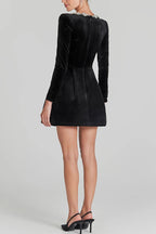 Velvet Square Neck Rhinestone Trim Long Sleeve Pocket A-Line Mini Dress