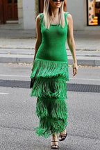 Solid Color Sleeveless Slim Fit Fringed Hem Knitted Midi Dress