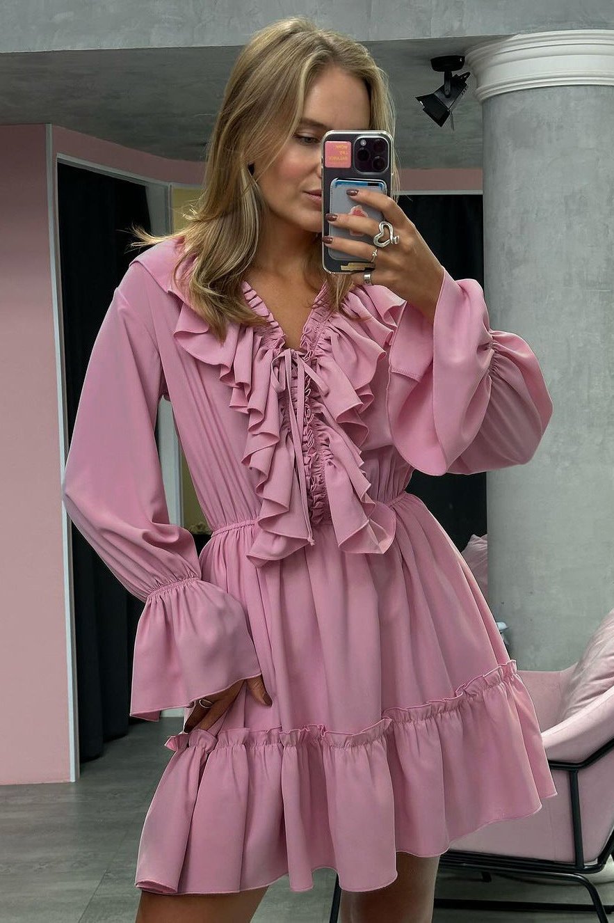 Ruffled Deep V-Neck Long Sleeve Ruffle Cuff Tiered Mini Dress