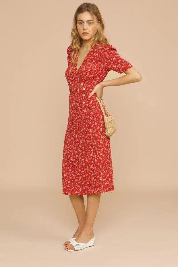 Floral Puff Sleeve Deep V-Neck Wrap Button Side Midi Dress